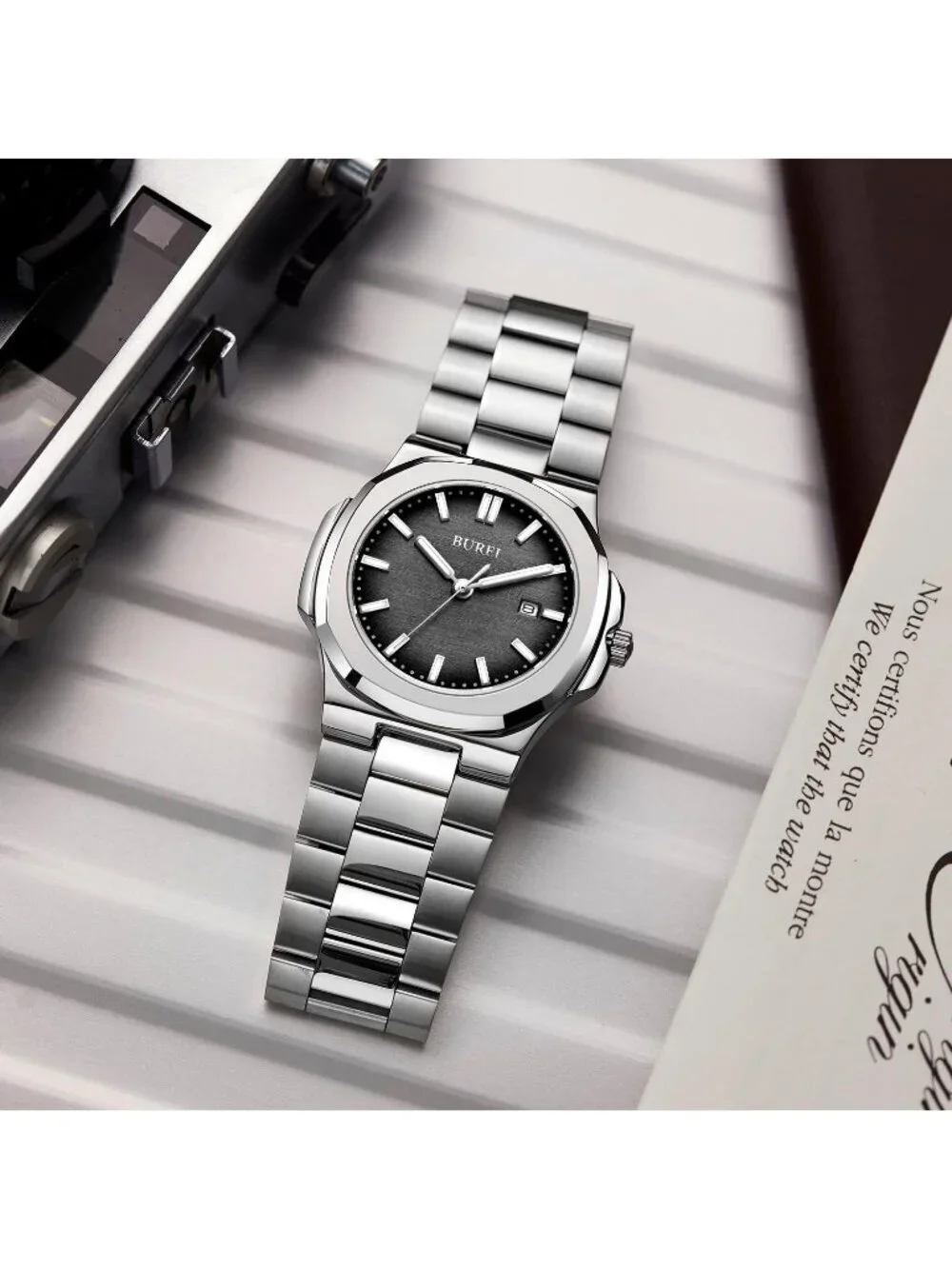 Men's Black Silver Analog Quartz Stainless Steel Waterproof Round Luxury Watch